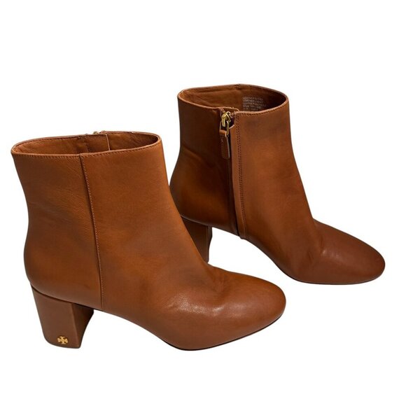 TORY BURCH Brooke Logo Heel Ankle Boots carmel Leather Size 9.5 New - Picture 3 of 6